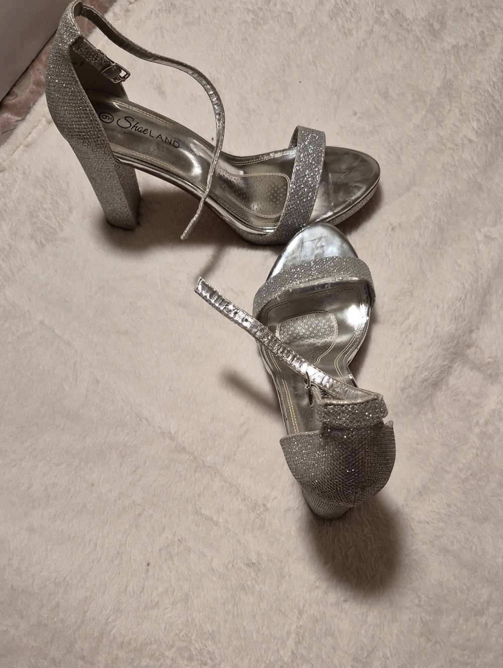 Silver Glitter Block Heel Sandals with Ankle Strap